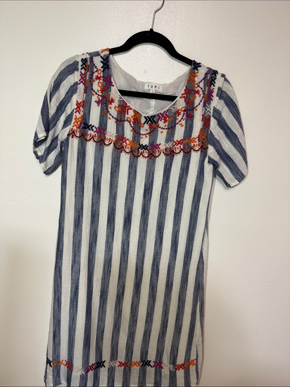 THML Blue and White Striped Embroidered Shift Dress
